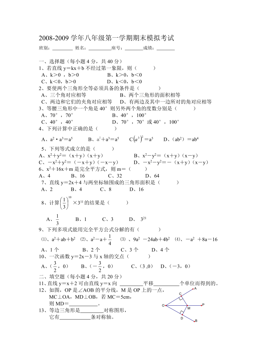 2008-2009学年八年级第一学期期末模拟考试(浙江省台州市)