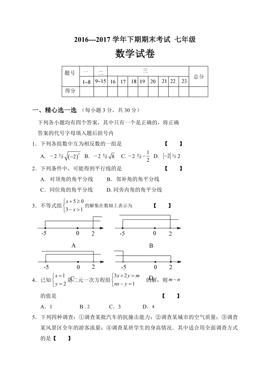 河南省周口市西华县2016-2017学年七年级下学期期末考试数学试题（Word版，含答案）