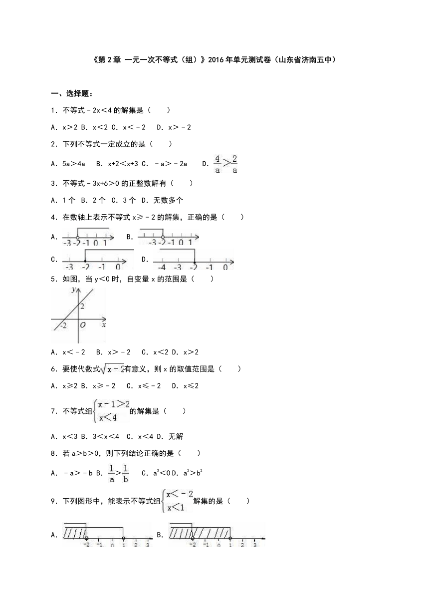 北师大新版八年级数学下册《第2章 一元一次不等式（组）》2016年单元测试卷（山东省济南五中）（解析版）