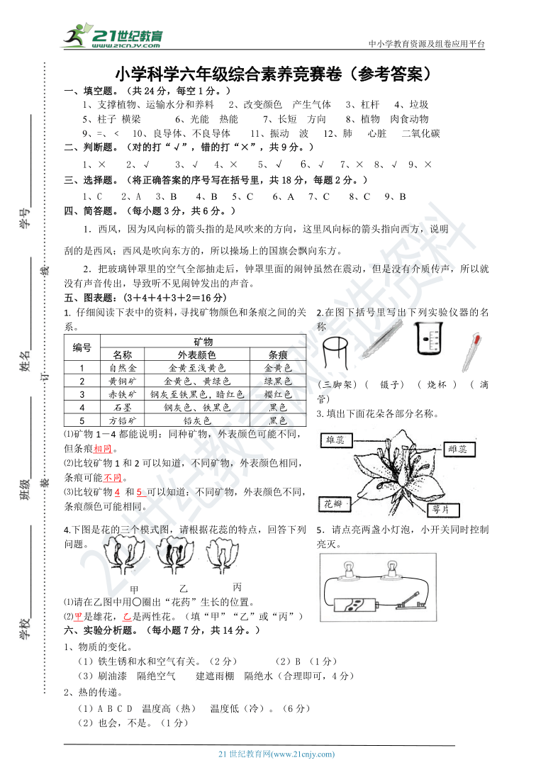 教科版小学六年级科学综合素养竞赛卷含参考答案