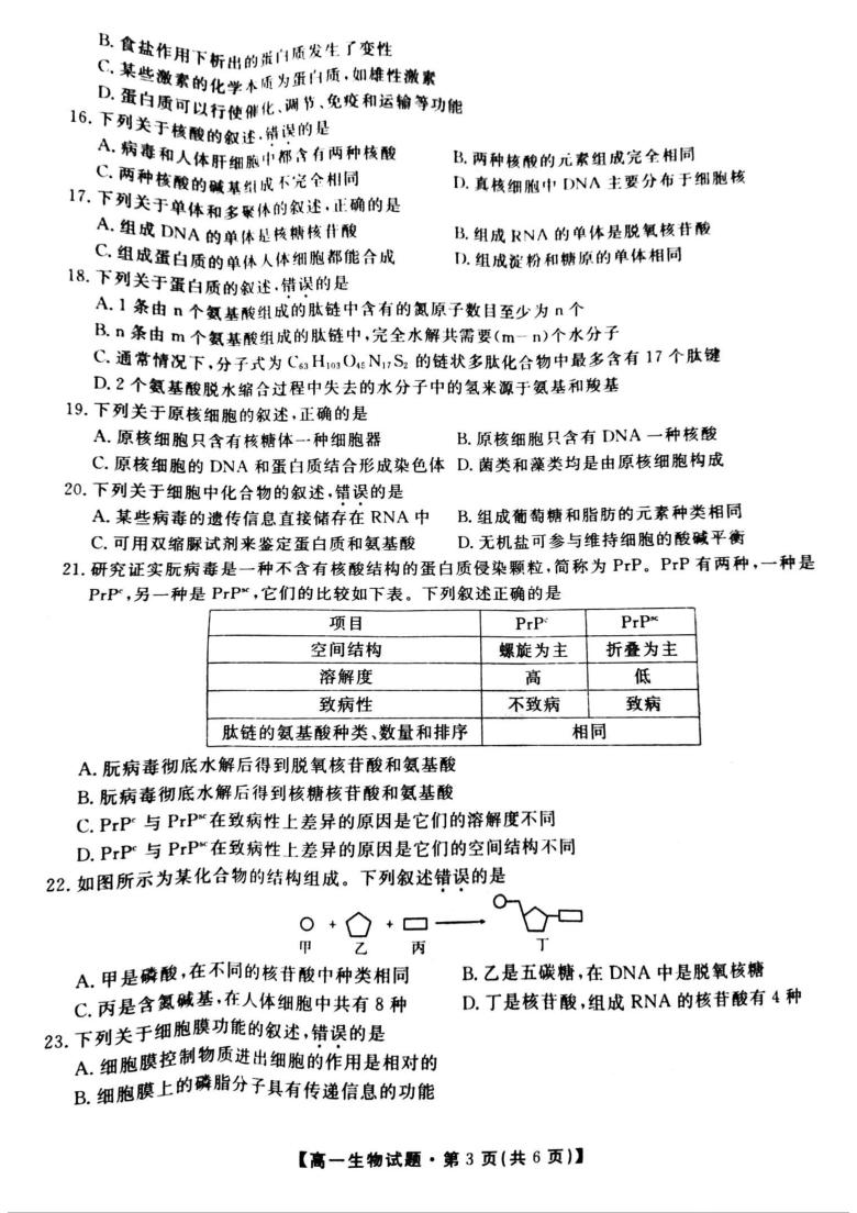 湖南省三湘名校教育联盟2019-2020学年高一上学期期中考试生物试题