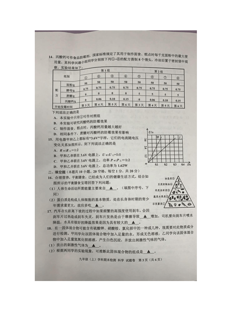 浙江省嘉兴市2020学年第一学期九年级上册学科期末检测科学试题卷（图片版 无答案）