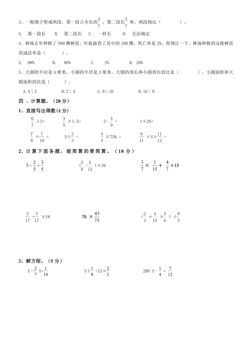 数学六年级上人教版期末综合练习卷(无答案)