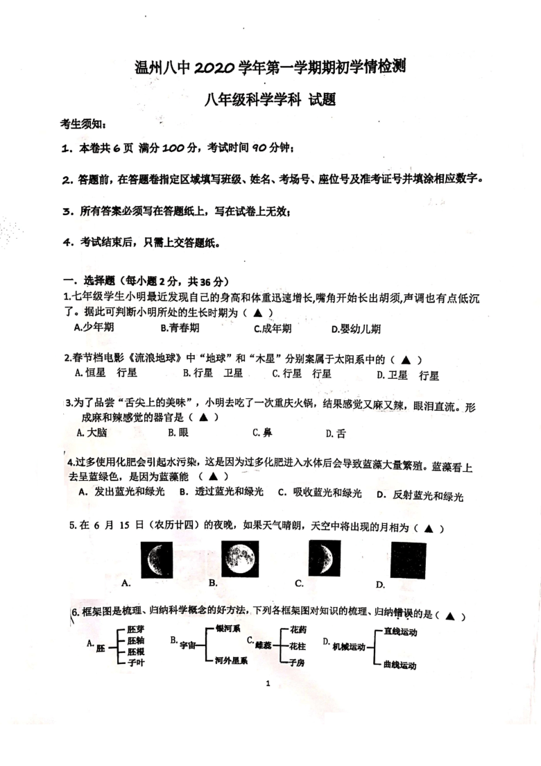 浙江省温州市第八中学2020-2021学年第一学期八年级科学期初学情检测试题（图片版，无答案）