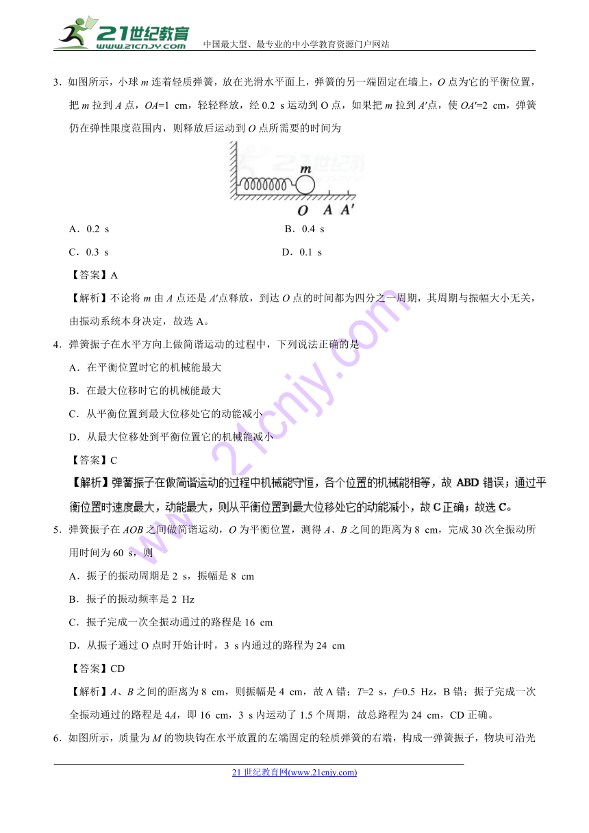 专题11.3简谐运动的回复力和能量-试题之课时同步2017-2018学年高二物理人教版（选修3-4）