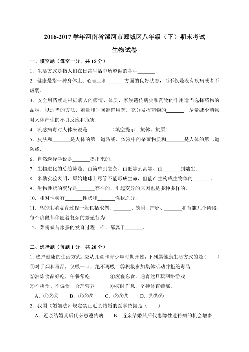 河南省漯河市郾城区2016-2017学年八年级下学期期末教学质量检测生物试题（WORD版）