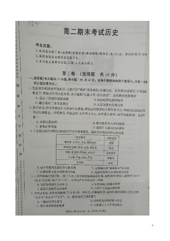 甘肃省靖远县2019-2020学年高二上学期期末联考历史试题 扫描版