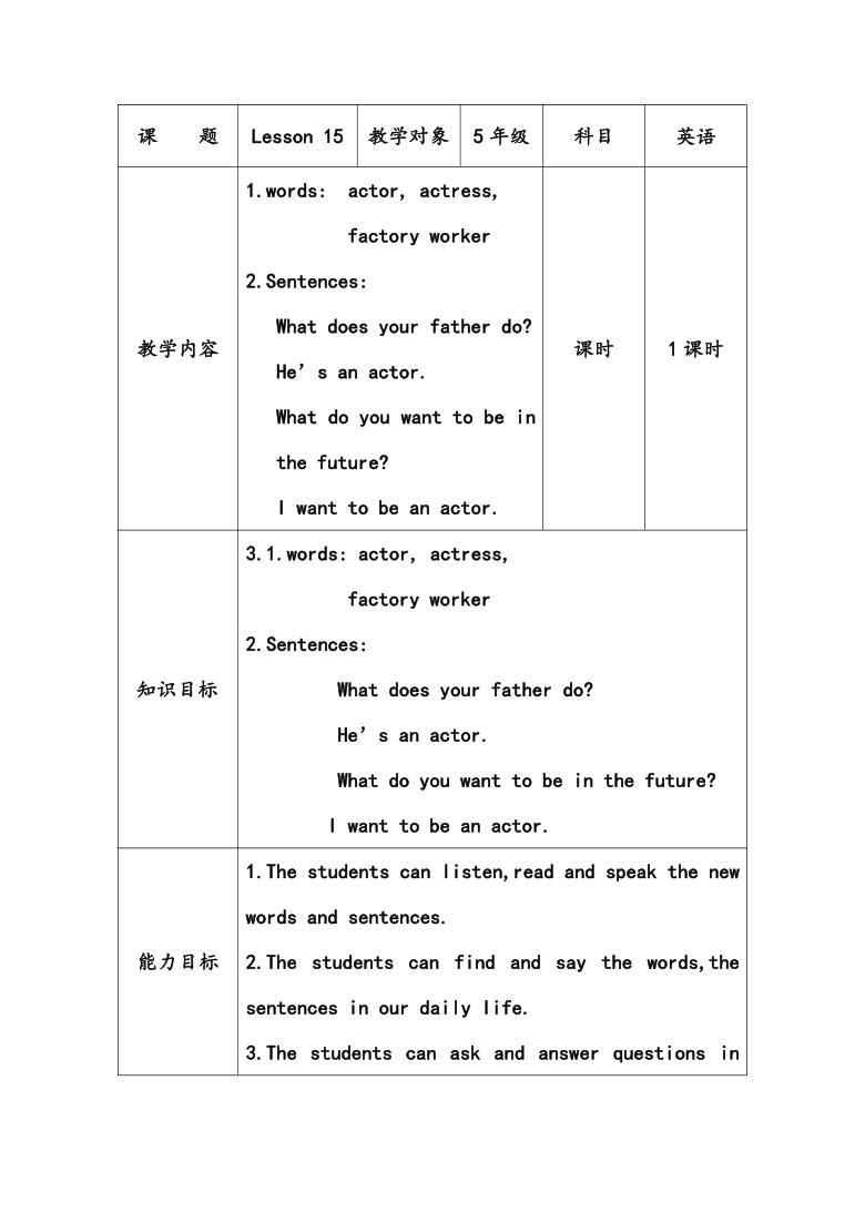 Unit3 My father is a writer (Lesson15) 教案(含反思）