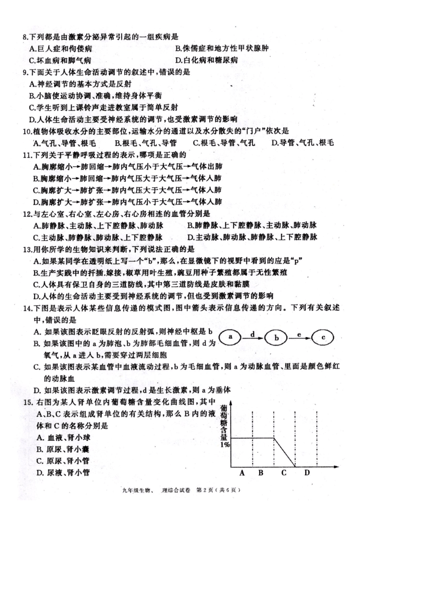 江西省萍乡市2017-2018学年九年级上学期期末考试生物试题（扫描版，有答案）