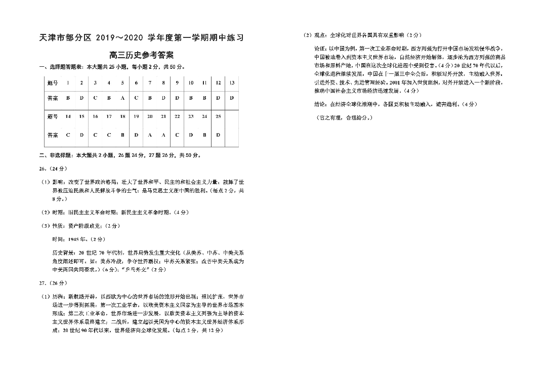 天津市部分区 2019～2020 学年度第一学期期中考试 高三历史（PDF版）