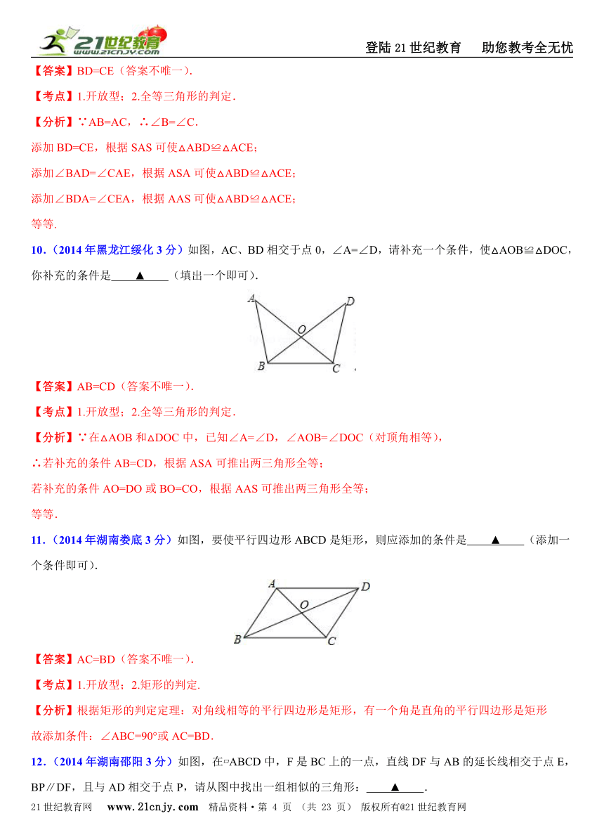 2014年全国中考数学试题分类解析汇编(170套75专题）专题74：开放型问题