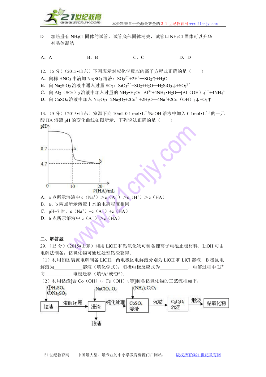 2015年山东省高考化学试卷（解析版 ）