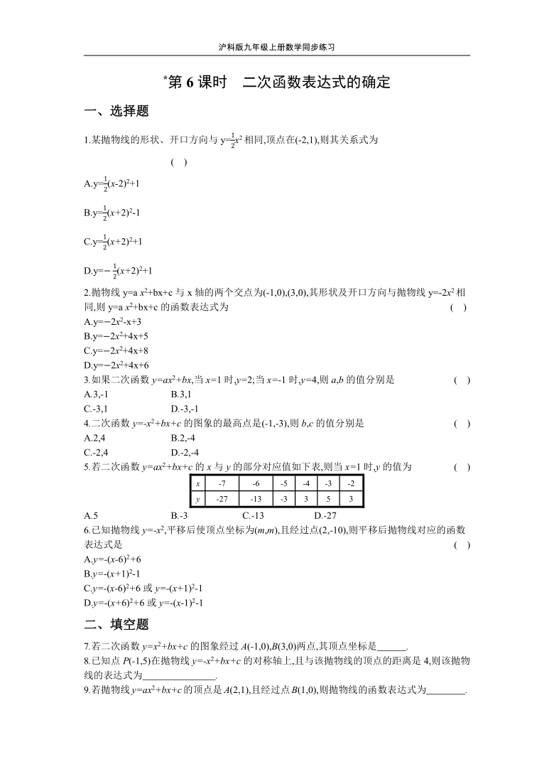 沪科版九年级上册数学同步练习 21.2  第6课时　二次函数表达式的确定（word版含答案）