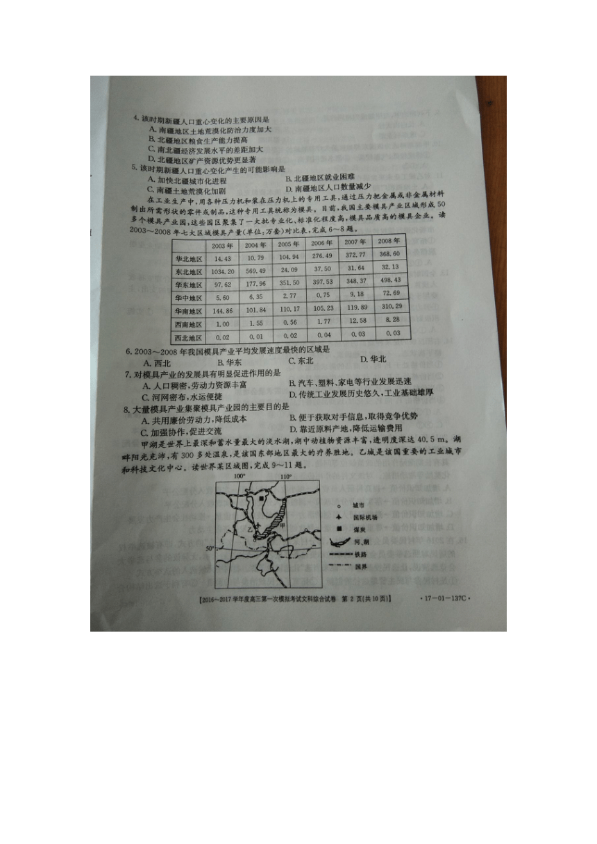 山东省菏泽市2017届高三下学期3月一模考试文综试题 扫描版缺答案