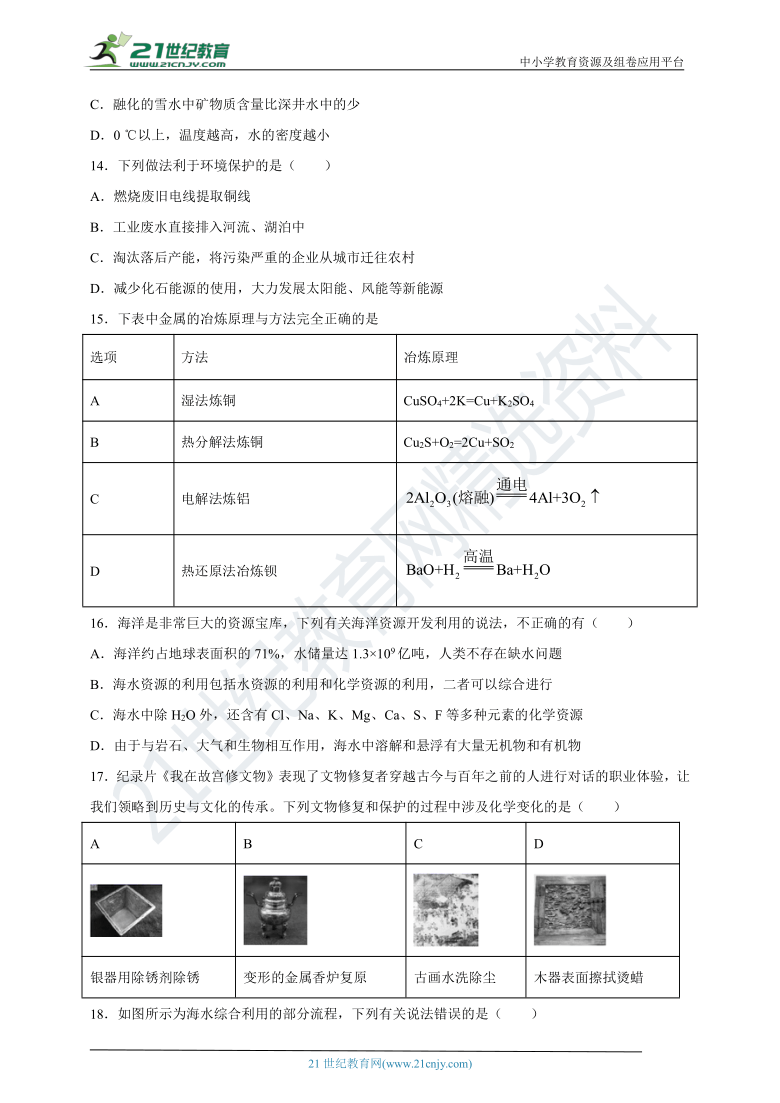 人教版化学必修2第四章   化学与自然资源的开发利用章末  同步练习（带解析）