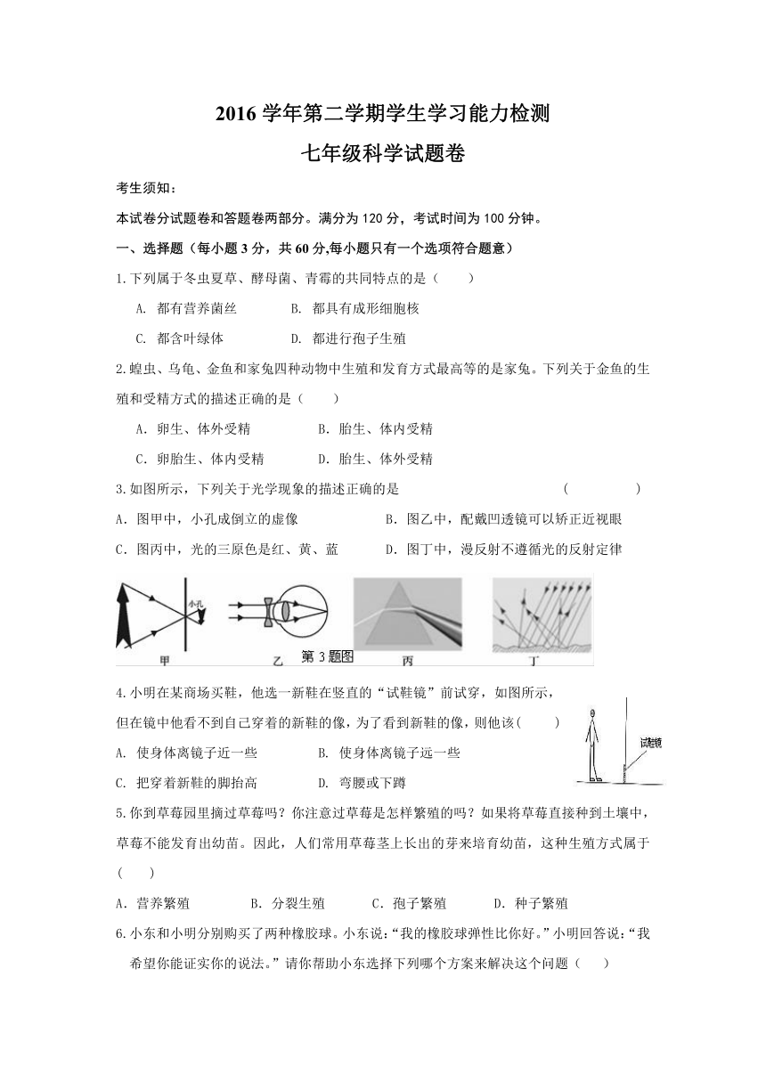 浙江省杭州市大江东2016-2017学年七年级下学期期中考试科学试卷（到第2章结束）