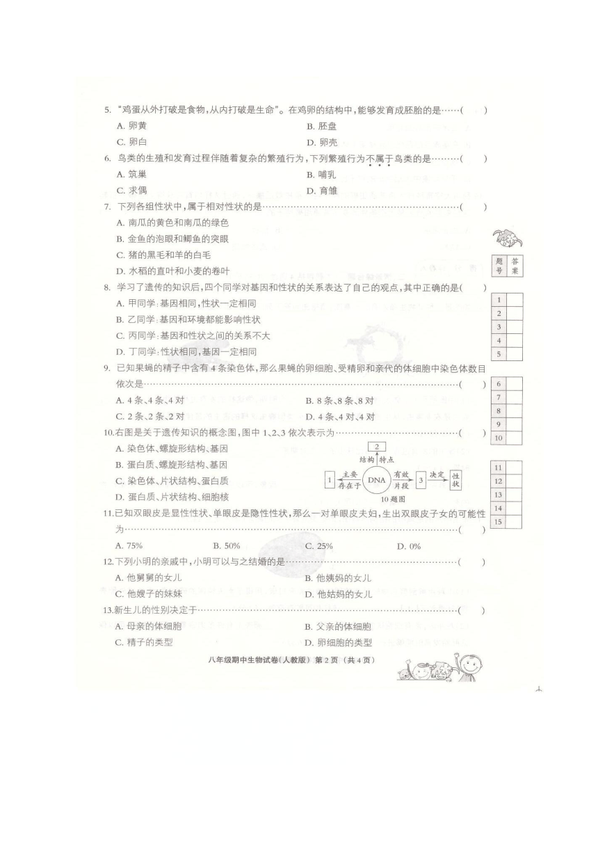 河北省沙河市二十冶综合学校初中分校2017-2018学年八年级下学期期中考试生物试题（图片版）