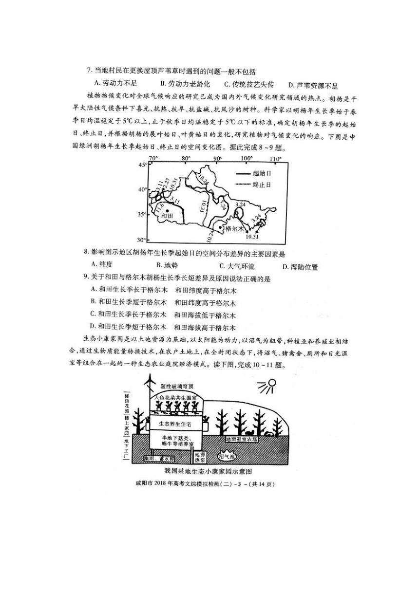 陕西省咸阳市2018届高三模拟检测（二模）文综地理试题（扫描版）