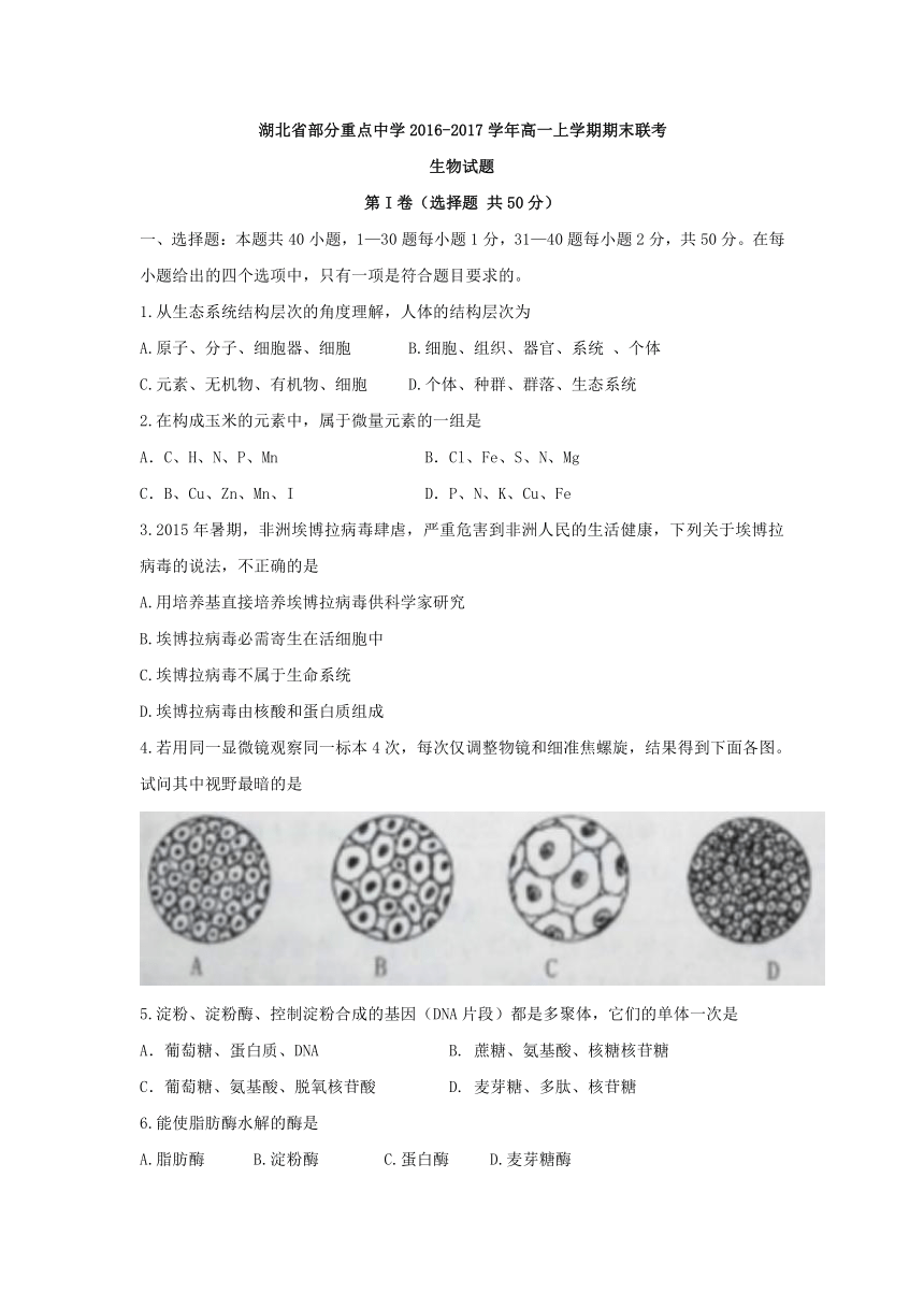 湖北省部分重点中学2016-2017学年高一上学期期末联考生物试题 Word版含答案