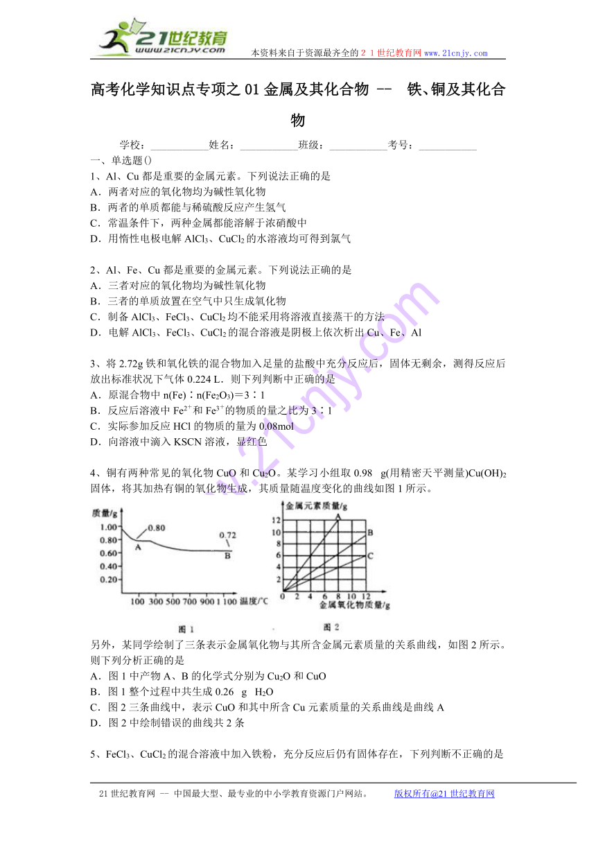 高考化学知识点专项之01金属及其化合物 --  铁、铜及其化合物(含答案与解析)