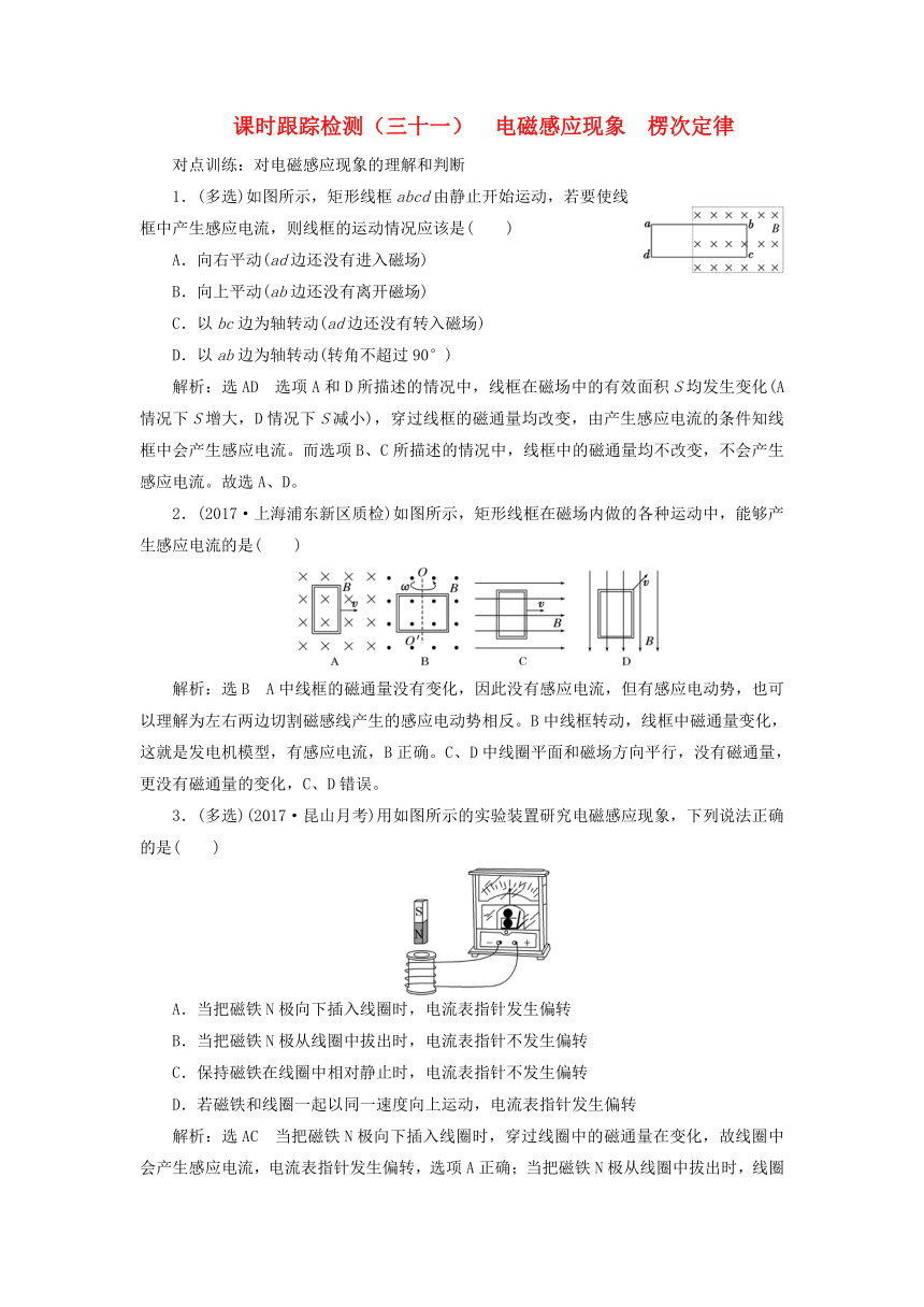 2018版高考物理新人教版一轮复习课时跟踪检测：31 电磁感应现象楞次定律（含解析）