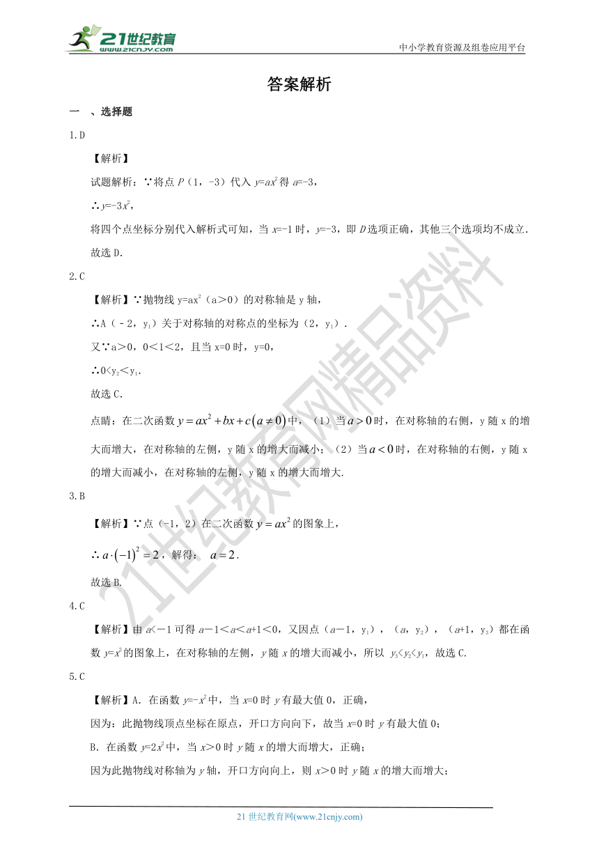 28.1.2 二次函数y=ax2的图像性质同步课时作业