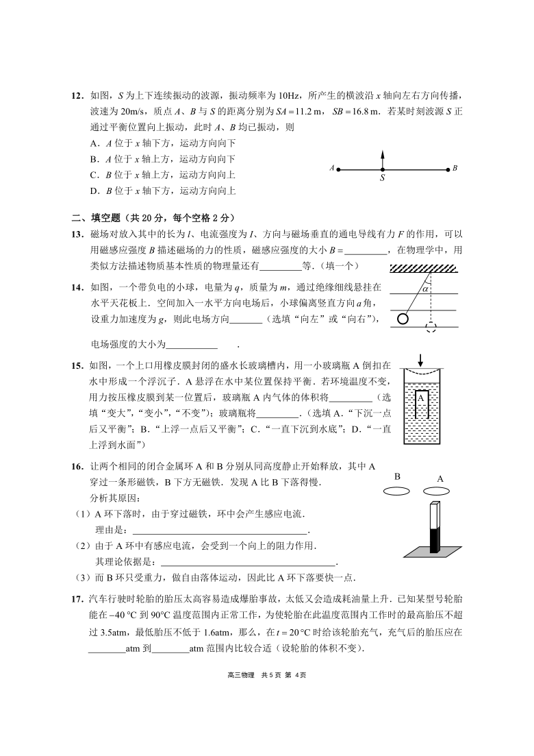 上海市崇明区2021届高三下学期4月第二次高考模拟考试（二模）物理试题 Word版含答案