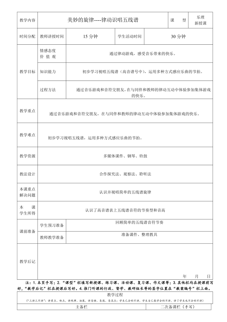 湘教版七年级上册音乐 2.3.2五线谱识读（二） 教案