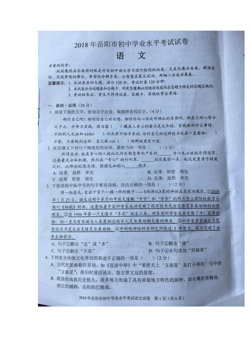 2018年岳阳市初中学业水平考试语文试卷（图片版无答案）