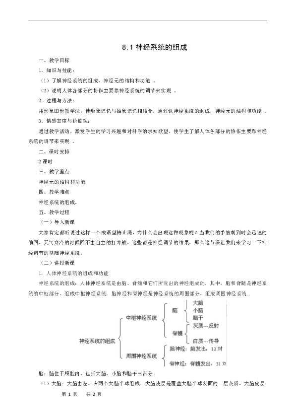 8.1神经系统的组成 教案