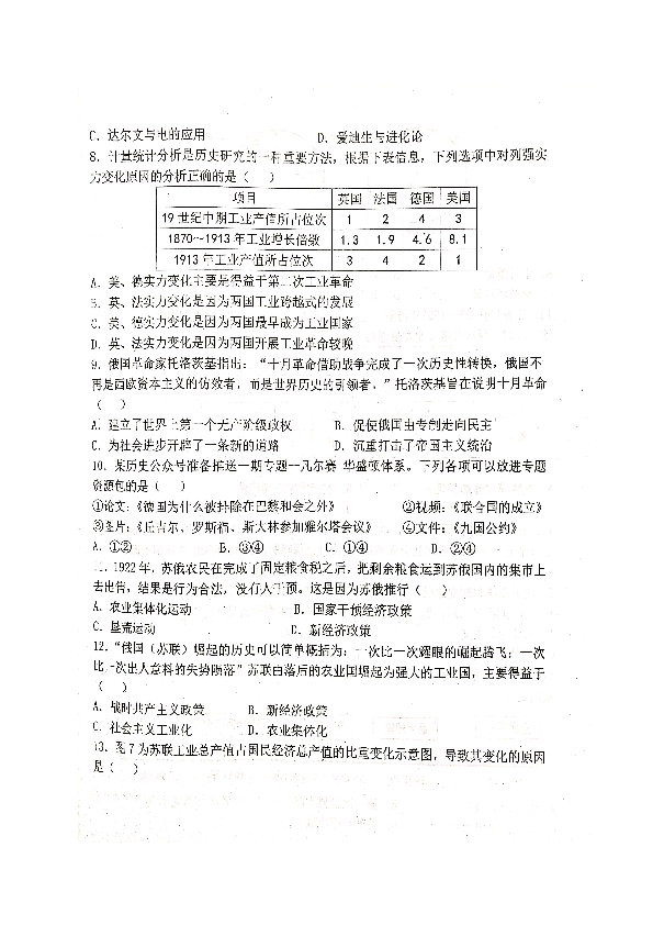 陕西省凤翔县竞存中学2019-2020学年第二学期九年级3月份月考历史试题（扫描版  含答案）