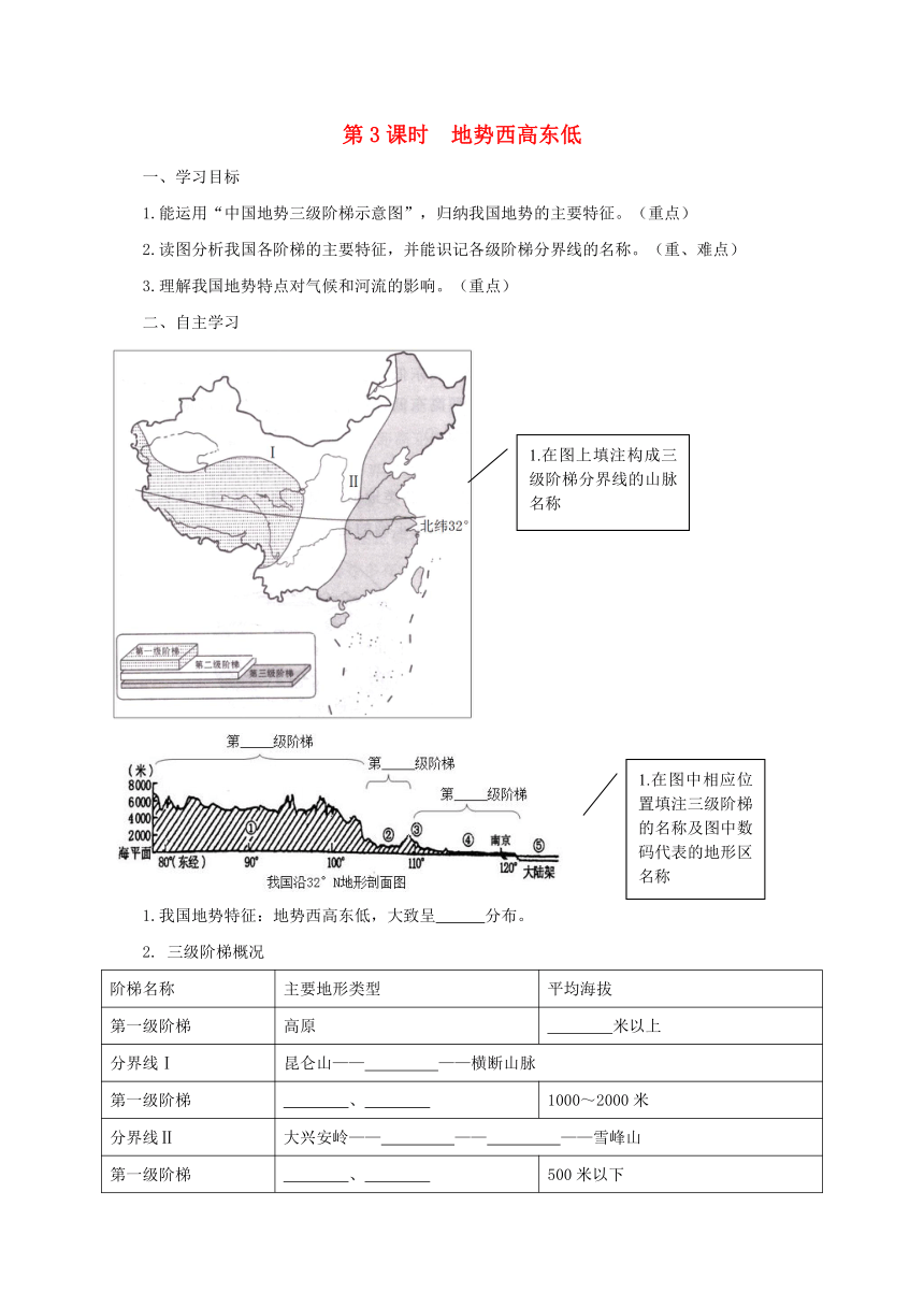 第1节 中国的地形 第3课时  地势西高东低 导学案