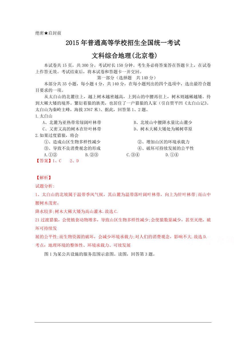 2015年北京高考文综（地理、历史）试题（含解析)