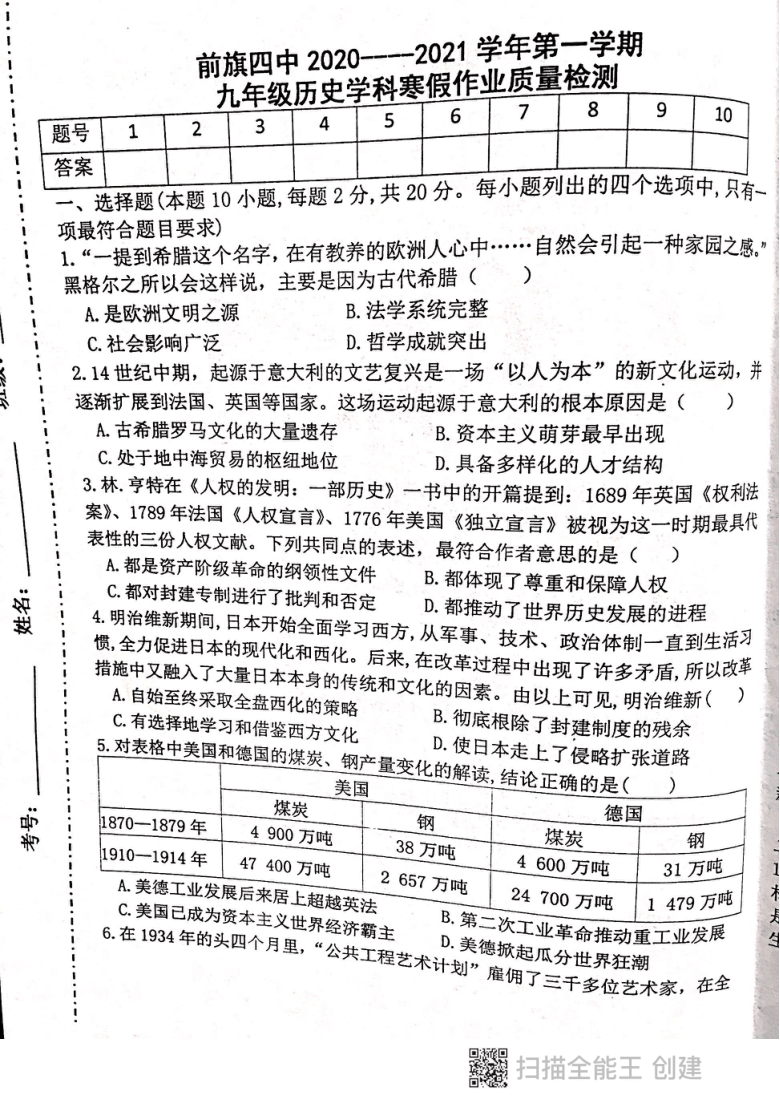 前旗四中2020-2021学年第一学期初三年级历史学科寒假作业质量检测（PDF版，无答案）