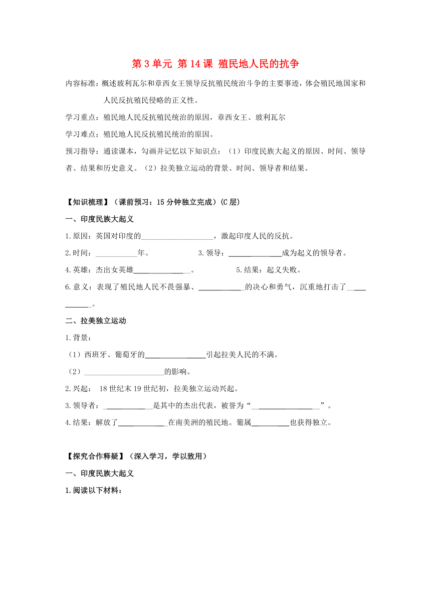 九年级历史上册 第3单元 第14课 殖民地人民的抗争导学案 岳麓版