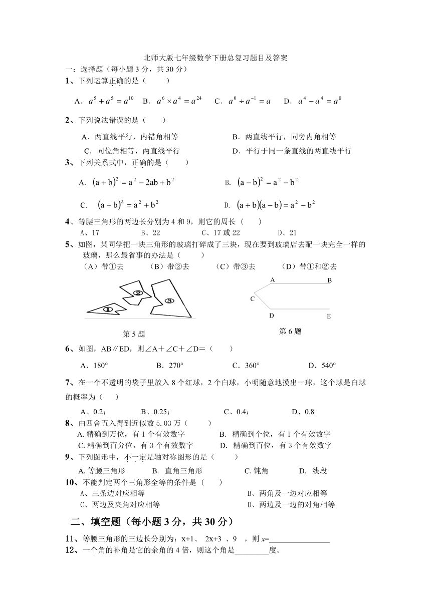 北师大版七年级数学下册总复习试题(附答案)