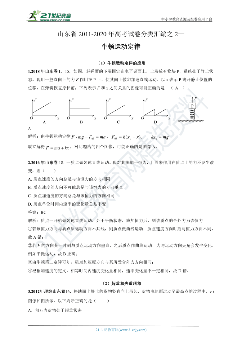 【新高考】山东省2011-2020年高考试卷分类汇编之2 —牛顿运动定律（解析卷）