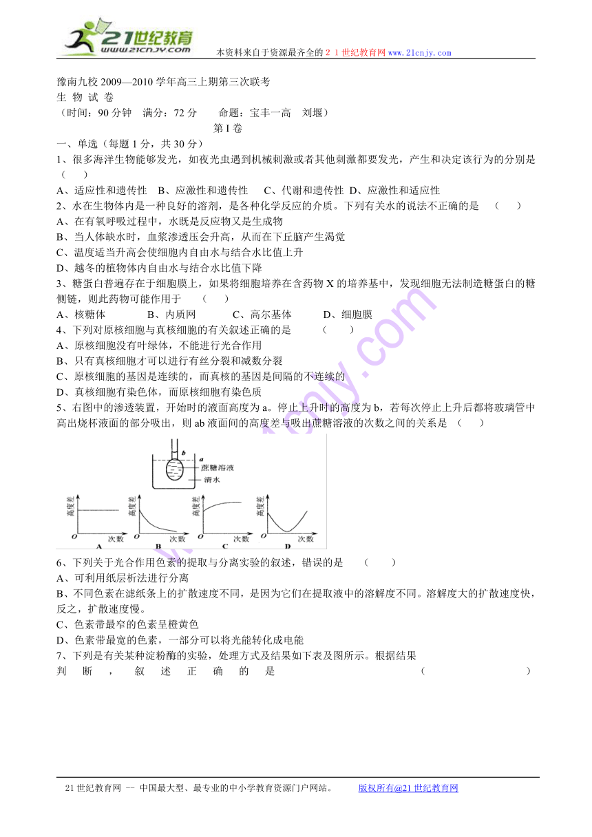 豫南九校2009---2010学年上学期第三次联考生物试题