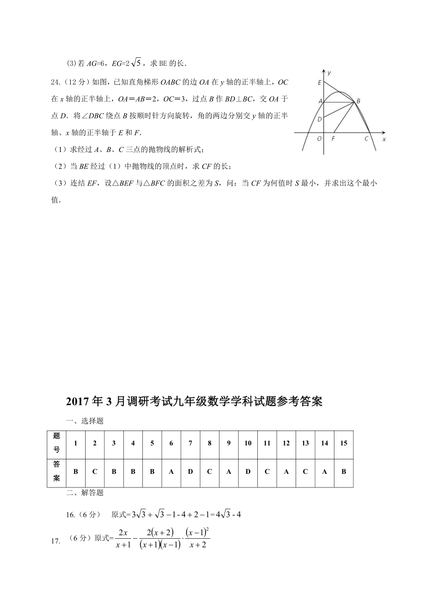 湖北省枝江市2016-2017学年九年级3月调研考试数学试题（含答案）