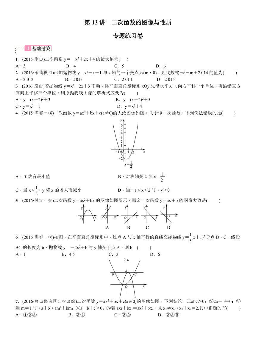 2017年中考数学一轮复习同步测试题 第13讲　二次函数的图像与性质（中考真题专练）