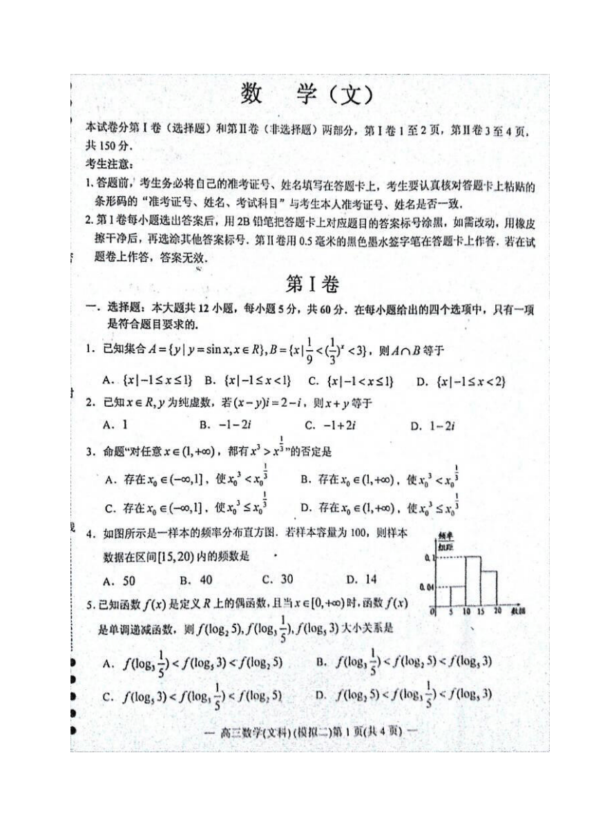 江西省南昌市2016届高三下学期第二次模拟考试数学（文）试题 扫描版含答案