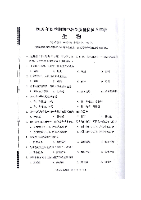 广西贵港市港南区2018-2019学年八年级上学期期中考试生物试题（图片版，含答案）
