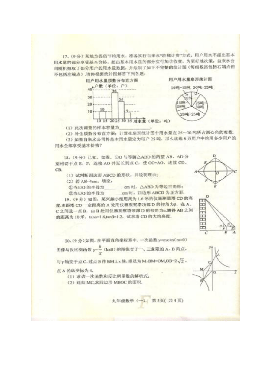 河南省南阳市方城县2018届九年级中招一模考试数学试题（图片版，含答案）