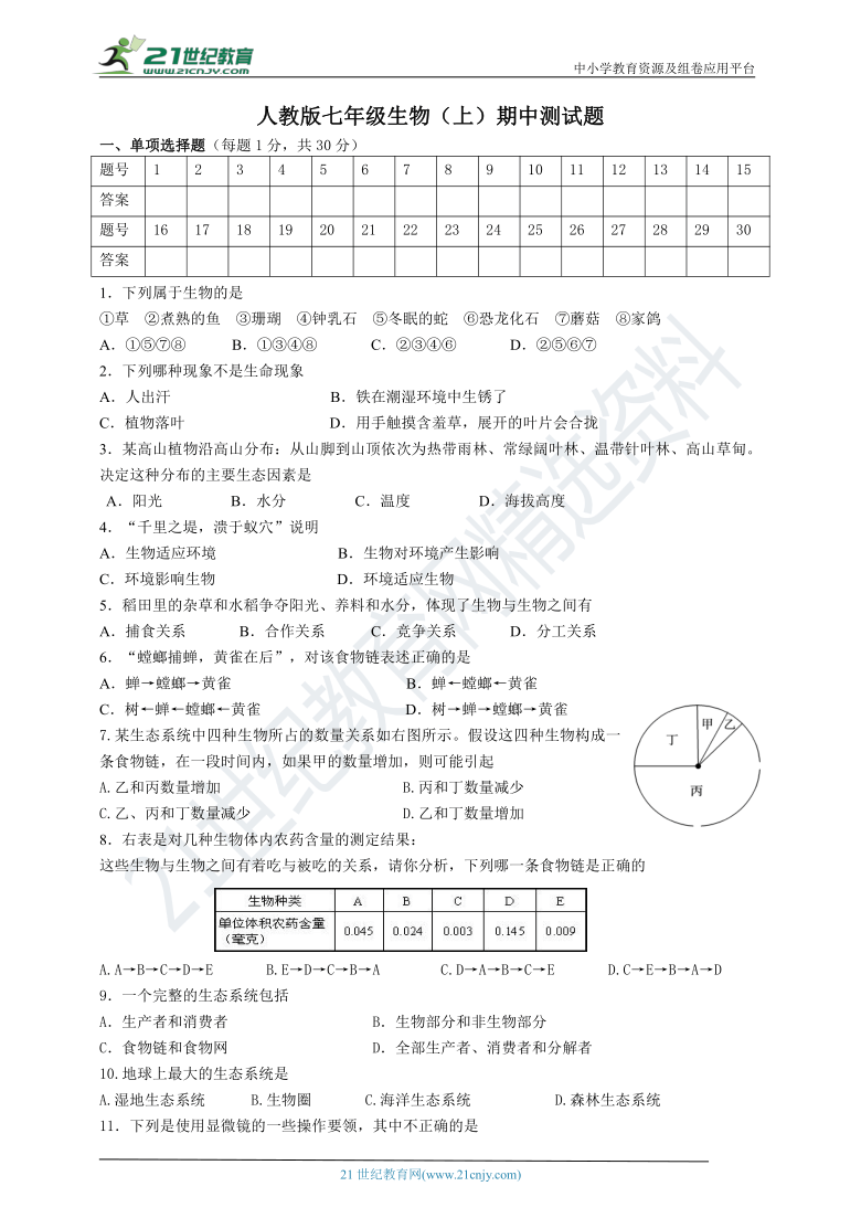 人教版初中生物学七年级上册期中测试题（含答案）