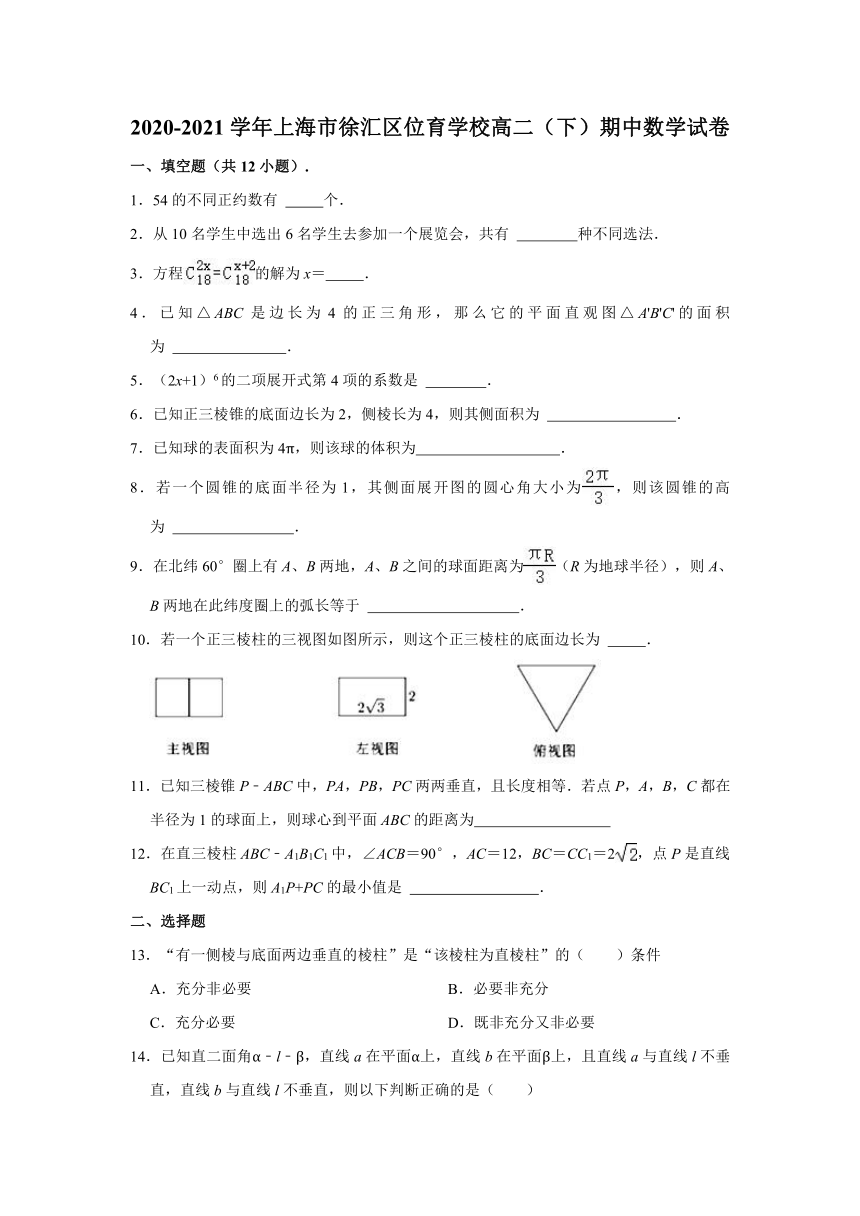 2020-2021学年上海市徐汇区位育学校高二（下）期中数学试卷（Word解析版）