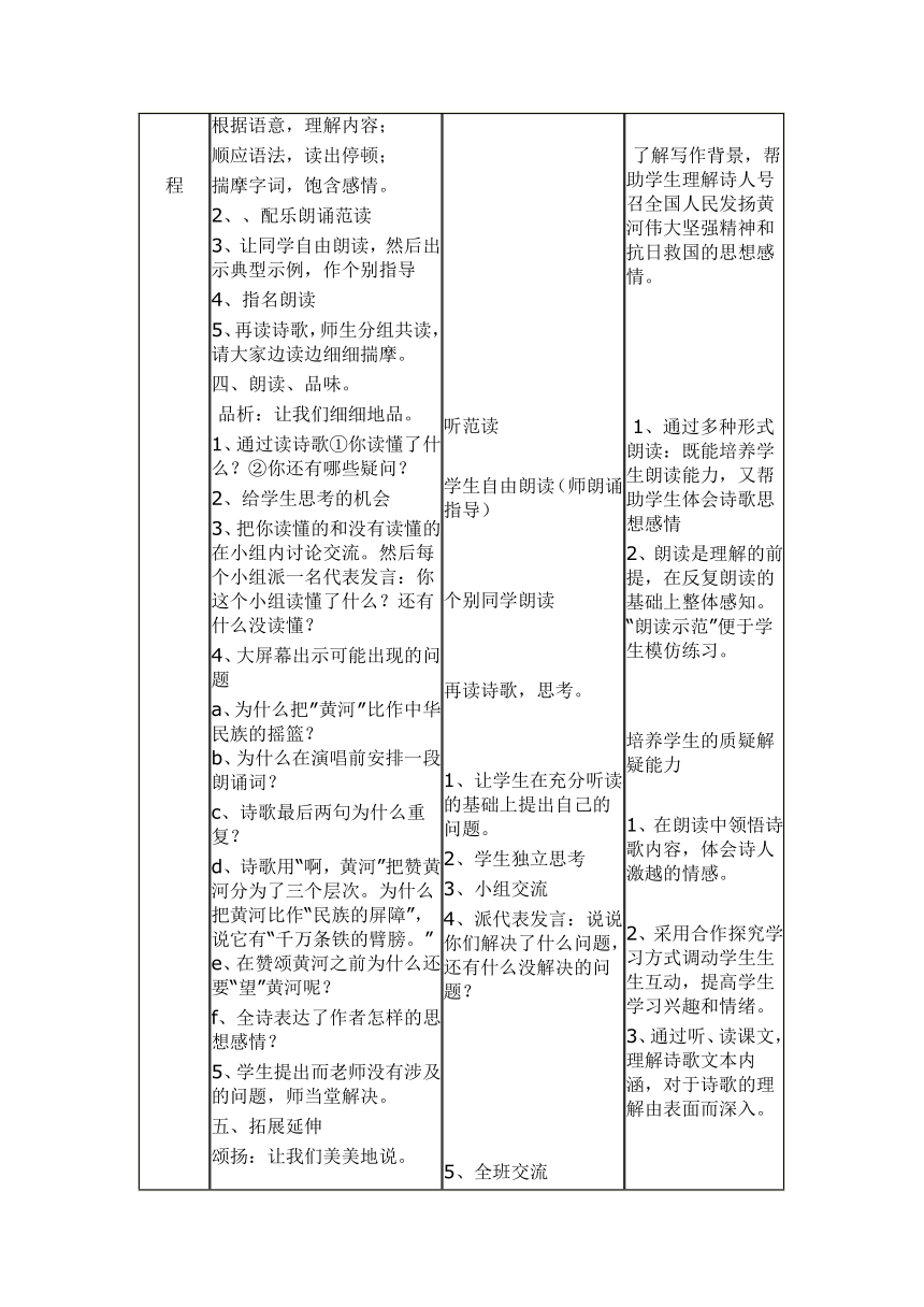 鲁教版（五四学制）六年级下册第三单元第13课《黄河颂》教学设计（表格式）