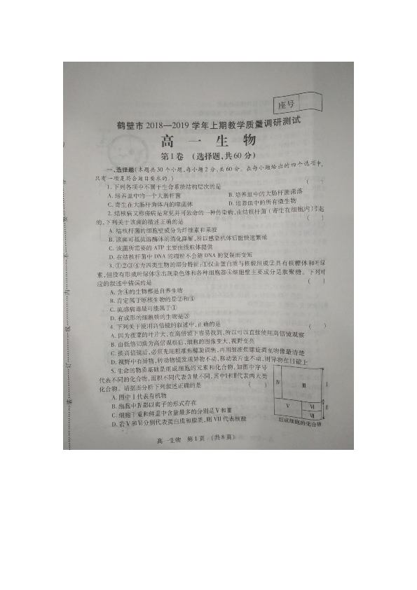 2018-2019学年河南省鹤壁市高一上学期期末考试生物试题 扫描版