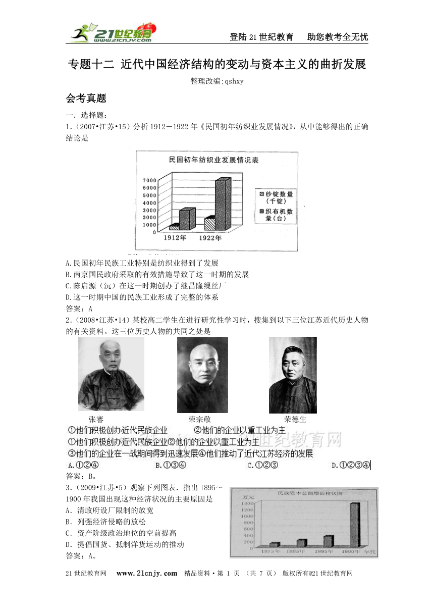 07-16年江苏学业水平测试真题与16年模拟题分专题汇编之专题十二 近代中国经济结构的变动与资本主义的曲折发展