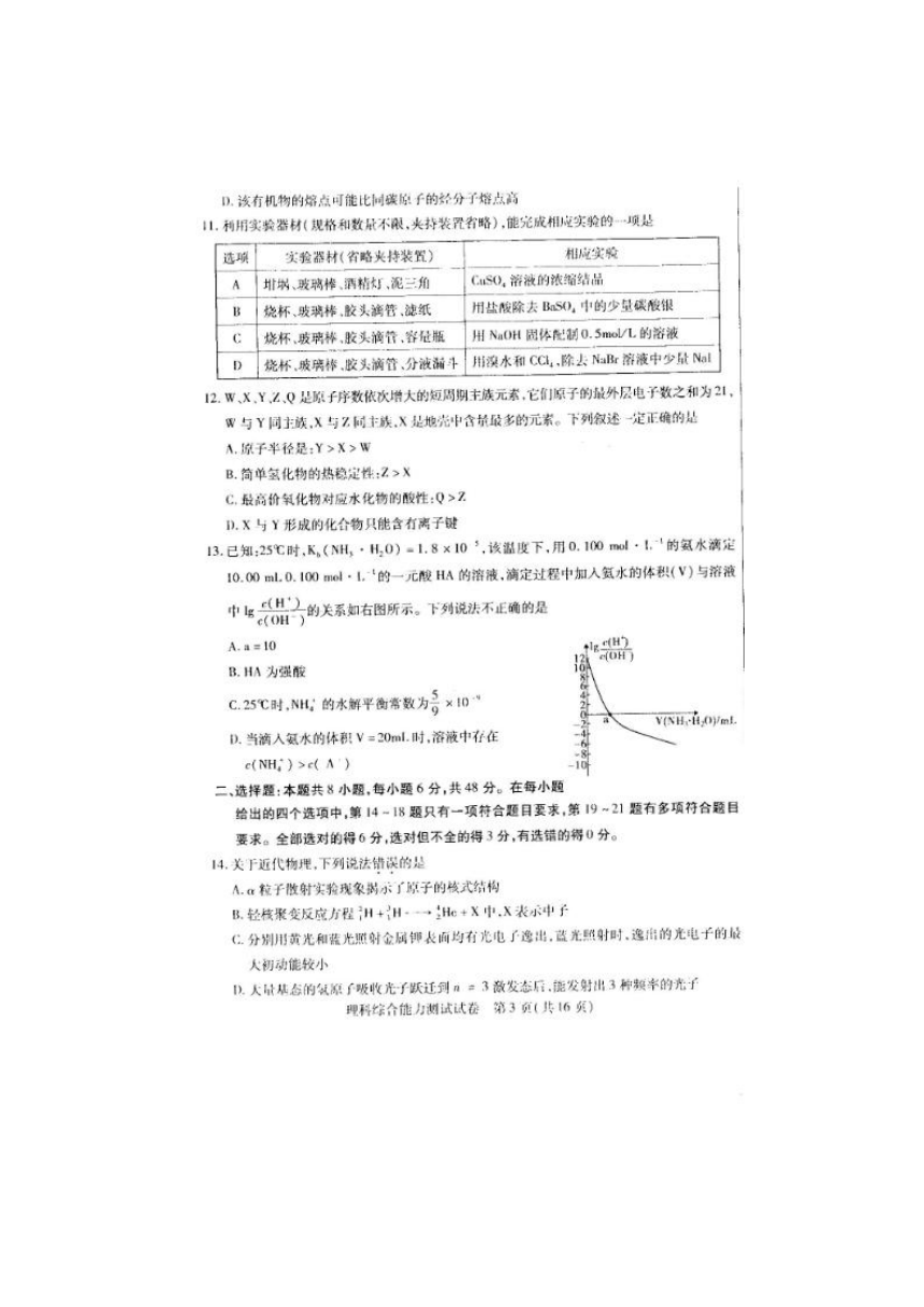 内蒙古包头市2018届高三第一次模拟考试理综试卷（扫描版）