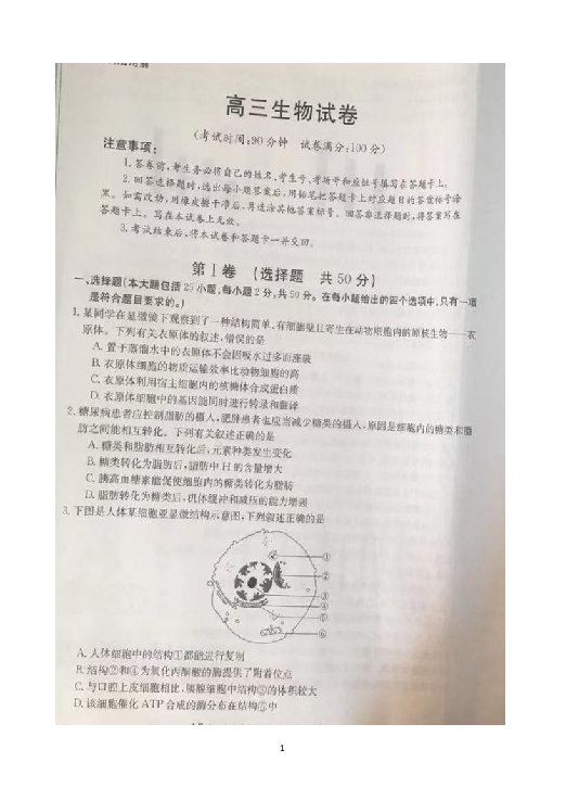 河北省邢台市2020届高三上学期第一次摸底考试生物试题 扫描版含答案